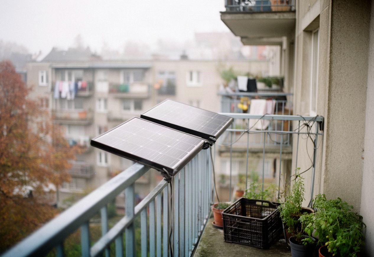 Panele fotowoltaiczne na balustradzie balkonu w bloku, zestaw balkonowy z mikroinwerterem