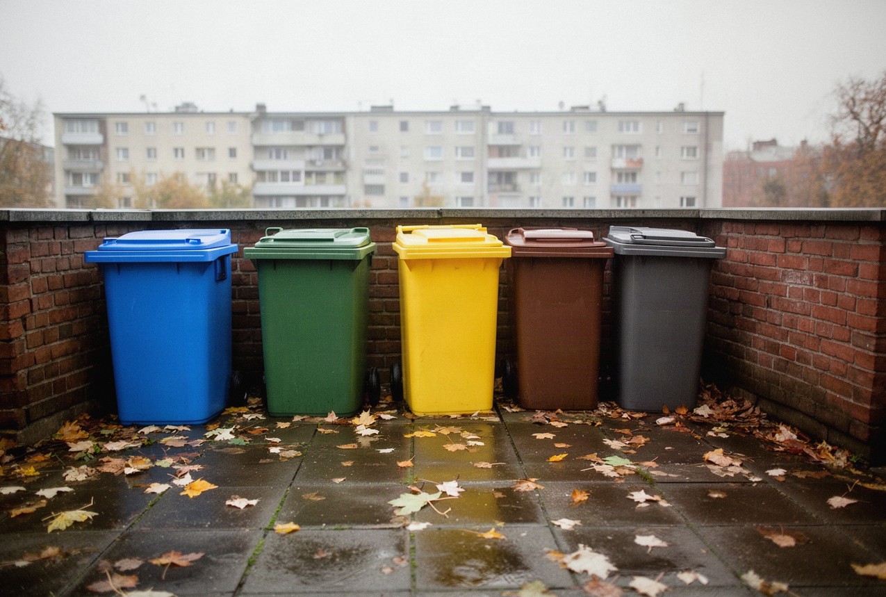 Pięć kolorowych pojemników do segregacji odpadów w ceglanej altanie śmietnikowej przy bloku